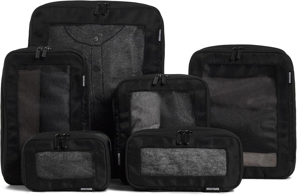 Aerotrunk Compression Packing Cubes for Travel - Luggage Organizer Bags - Double Zipper Packing Cubes for Suitcases (6-Pack, Black)