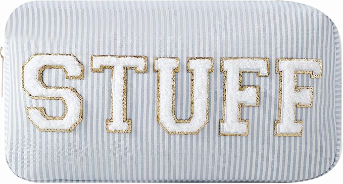 uekeboag Seersucker Chenille Letter Stuff Meds RX Makeup Bag, Travel Washable Purse Organizer with Zipper, Lightweight Toiletry Cute Personalized Preppy Cosmetic Bag For Women and Girls(01Blue Stuff)