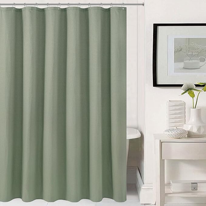 Barossa Design Sage Green Shower Curtain Waffle Weave - Hotel Luxury Heavyweight Thick Fabric Shower Curtains for Bathroom, Water Repellent, 71 x 72 inches