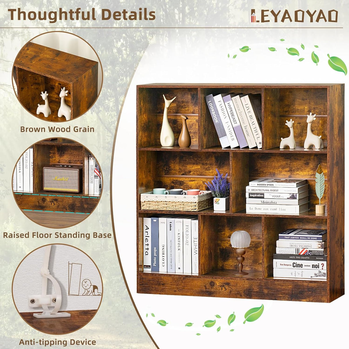 LEYAOYAO 8 Cube Bookshelf with Base,3 Tier Mid-Century Modern Brown Bookcase,Standing Wide Bookshelves Storage Organizer Shelf,Rustic Wood Display Cabinet Book Shelves for Bedroom,Living Room,Office