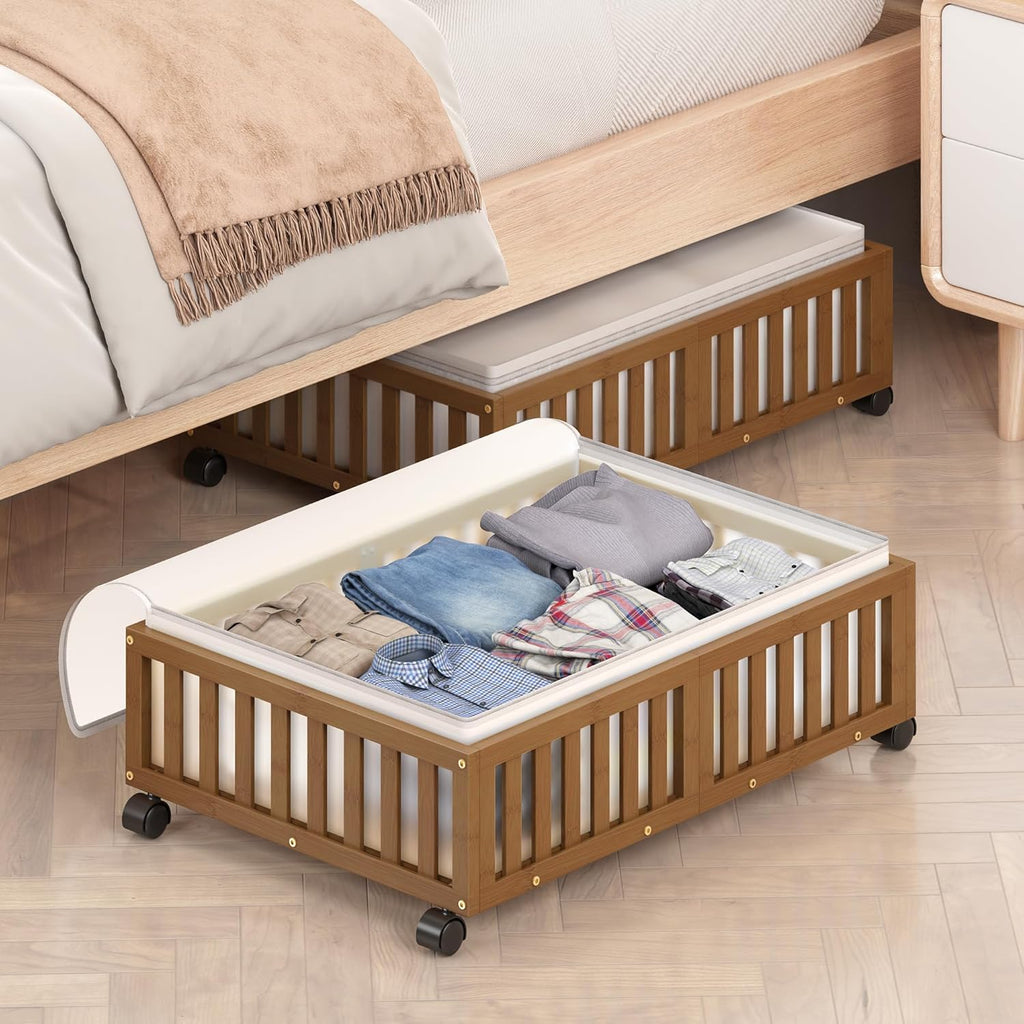 Under Bed Storage Containers with Wheels, 2 Pack Bamboo Under the Bed Shoe Storage Bins, Wood Rolling Underbed Drawers Organizer for Bedroom, Closet Clothes Blanket Comforter Under Crib Toy Walunt