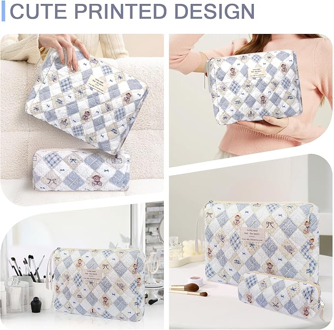 Gosect 2PC Makeup Bag Set, Cute Cosmetic Bag for Women Girls, Floral Coquette Aesthetic Toiletry Bag, Travel Make Up Organizer Bag (Elephant)