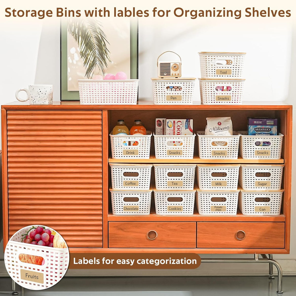 8 Pack Plastic Storage Bins with Bamboo Lids - Stackable Storage Baskets with Handle for Pantry Organizer and Storage, Plastic Containers Bins for Kitchen Bathroom Classroom Office Shelves