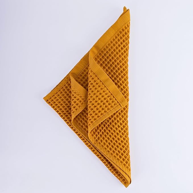 PÜSKÜL Organic Waffle Kitchen Towel 100% Turkish Cotton Set of 3 Mustard Yellow - Premium Quality, Soft, Quick-Dry, Absorbent, Lint-Free Hand Towels 32X16 Inches (3, Mustrad Yellow)