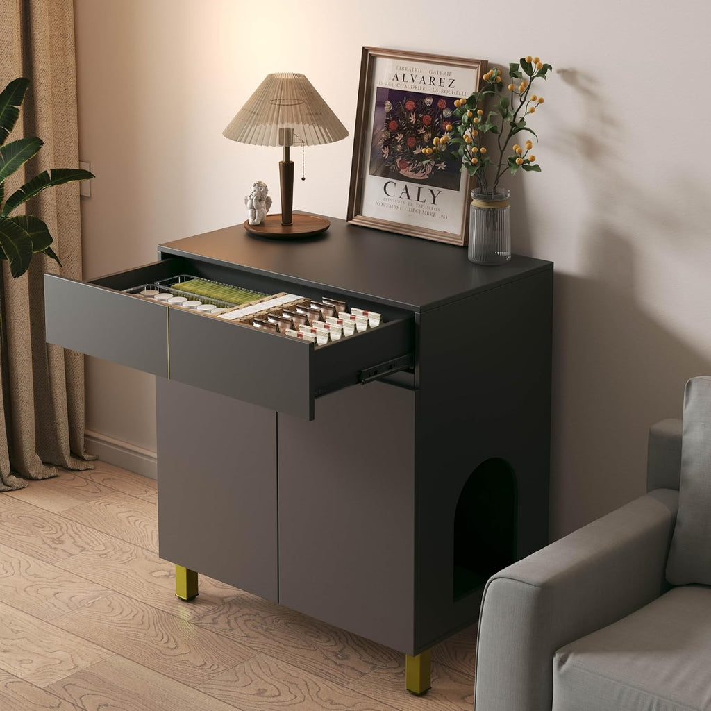 Large/Tall Litter Box Enclosure, Modern Wooden Litter Box Furniture for XL Litterbox with Drawer as Sideboard Cabinet (Black)