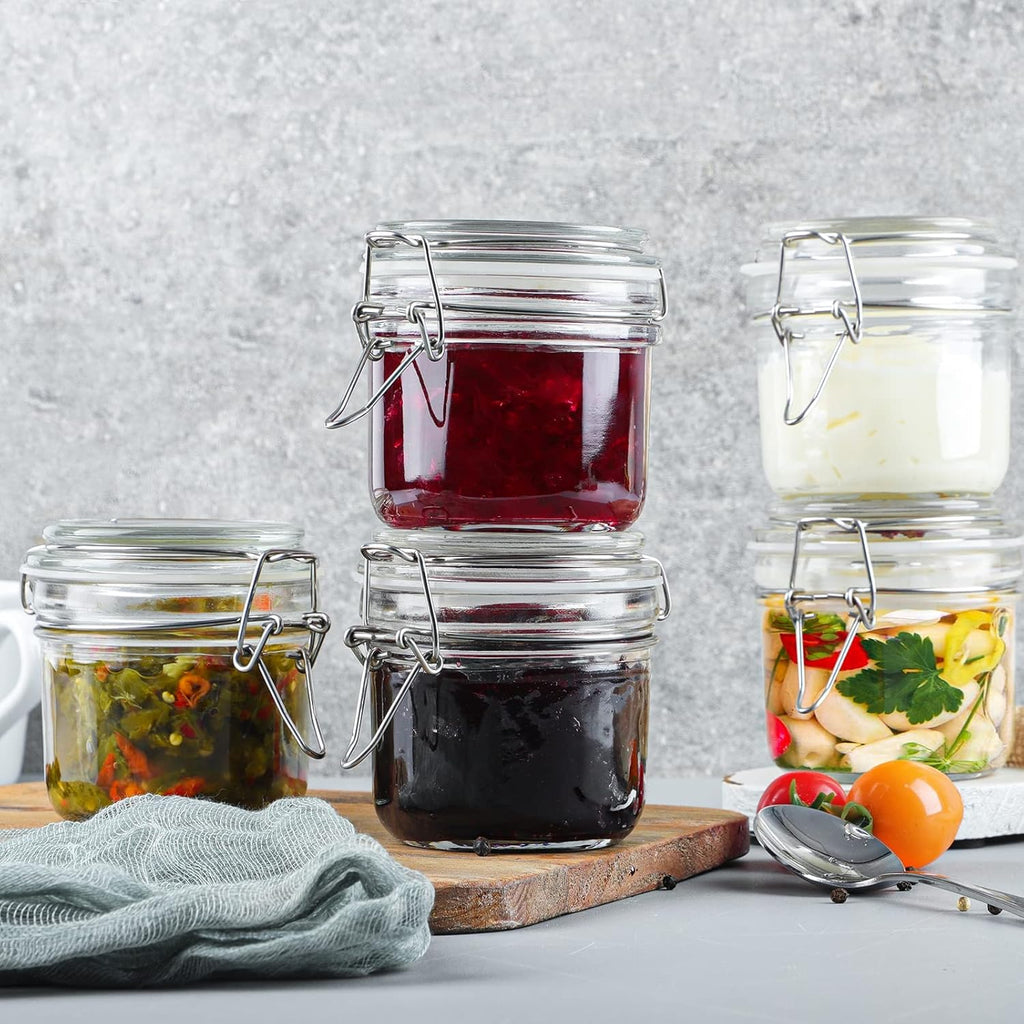 Folinstall 7 oz Glass Jars with Airtight Lids 12 Pcs, Small Mason Jars with Hinged Lids for Kitchen Storage, Canning and Pantry, Includes 3 Replacement Silicone Gaskets and Chalkboard Labels