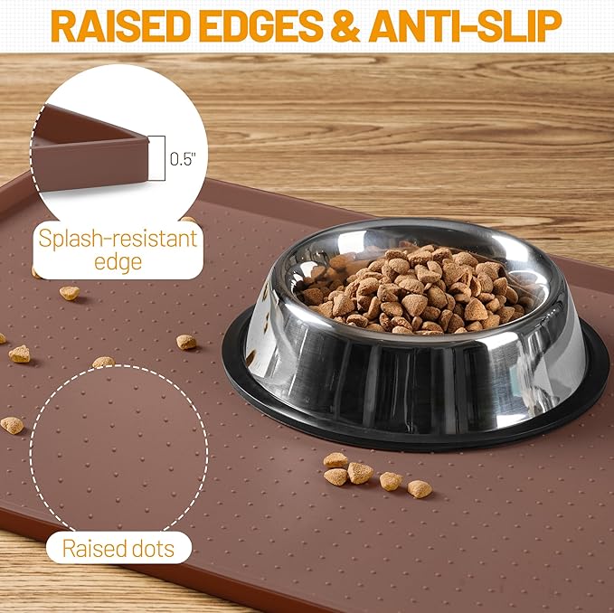 Hubulk Dog Feeding Mat,100% Waterproof Food Grade Silicone Pet Food and Water Bowl Placemat,Dishwasher, High Raised Edge to Prevent Spills,Nonslip Tray to Stop Messes on Floor（19"x12"x0.5", Brown）