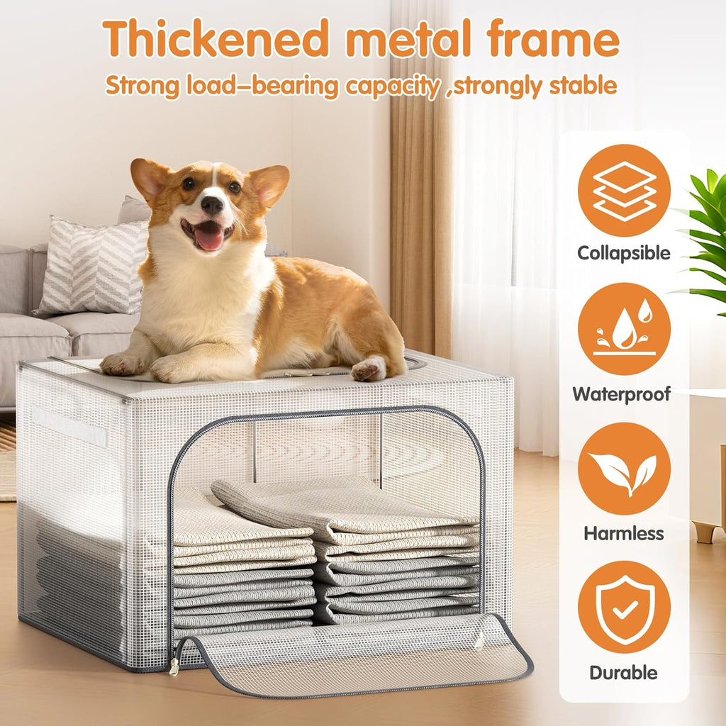 Large size 66L Fully Transparent Openings Clothes Storage Bins with Metal Frame, Stackable & Foldable Storage Box with Lids, Closet Organizers, Cap, Sweater.(19.7x 15.75 x 13 Inches)
