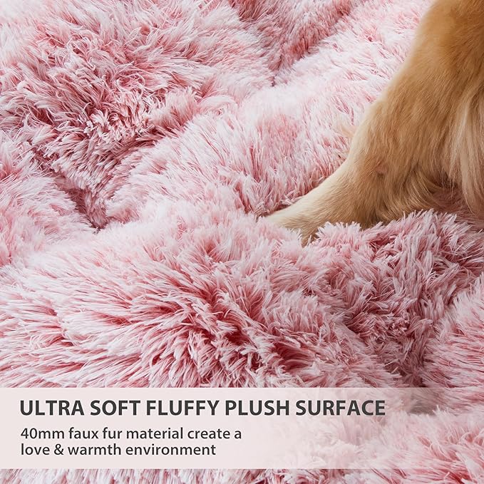 BFPETHOME Dog Beds for Large Dogs, Plush Kennel Pad - Fluffy Cozy &Ease Anxiety, Washable Dog Mats with Anti-Slip, 42(41 x 27 inch), Pink