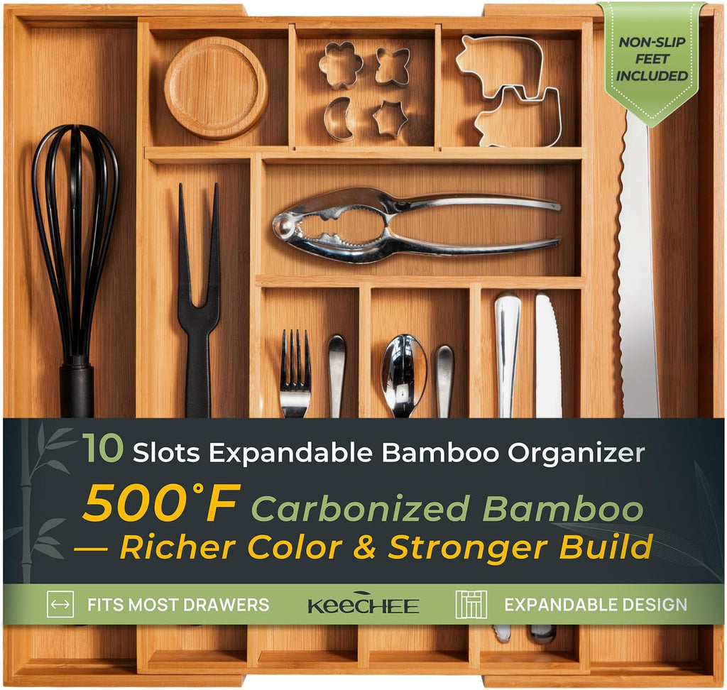 Carbonized Bamboo Kitchen Drawer Organizer, 10 Slots Expandable Silverware Organizer, Utensil Holder & Cutlery Tray, 2.2" Deep for Extra Capacity, Non-Slip Feet Included