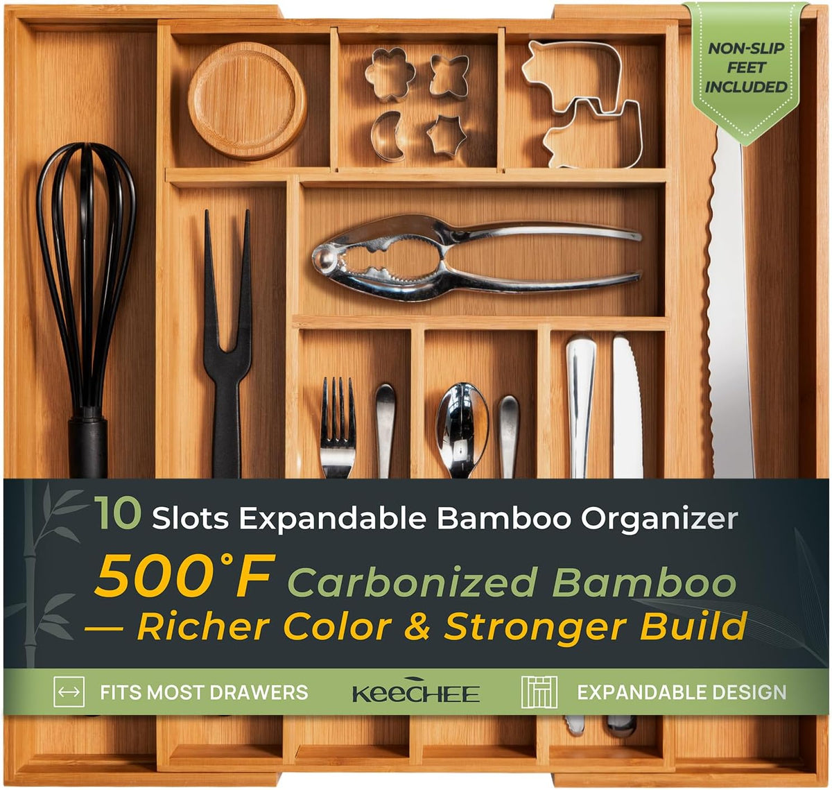 Carbonized Bamboo Kitchen Drawer Organizer, 10 Slots Expandable Silverware Organizer, Utensil Holder & Cutlery Tray, 2.2" Deep for Extra Capacity, Non-Slip Feet Included