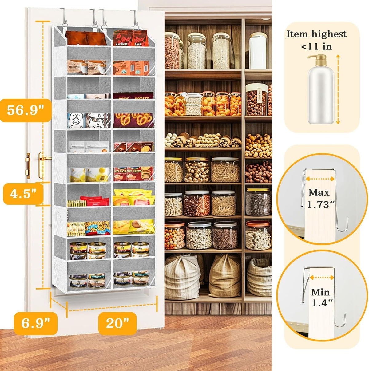Over The Door Organizer, 5-Tier Extra Large Behind Door Storage with 10 Big Front & 10 Mesh Pockets, 80lb Capacity, Hanging Storage Organizer with Clear Window Kids Toys, Shoes, Diapers, Light Grey