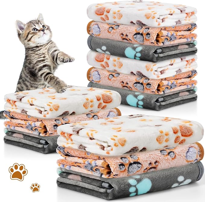 Tegeme 12 Pcs Pet Blankets Soft Fluffy Fleece Dog Cat Warm Paw Print Pattern Blankets Flannel Throw for Pets Dog Puppy Cat(23 x 16 Inch,Dark Gray, White, Camel)