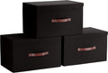 Ornavo Home 3 Pack Collapsible Storage Bins with Lid, Foldable Linen Fabric Shelf Storage Basket Closet Organizer and Large Storage Box for Clothes with Leather Handles, 15 x 10 x 9, Black