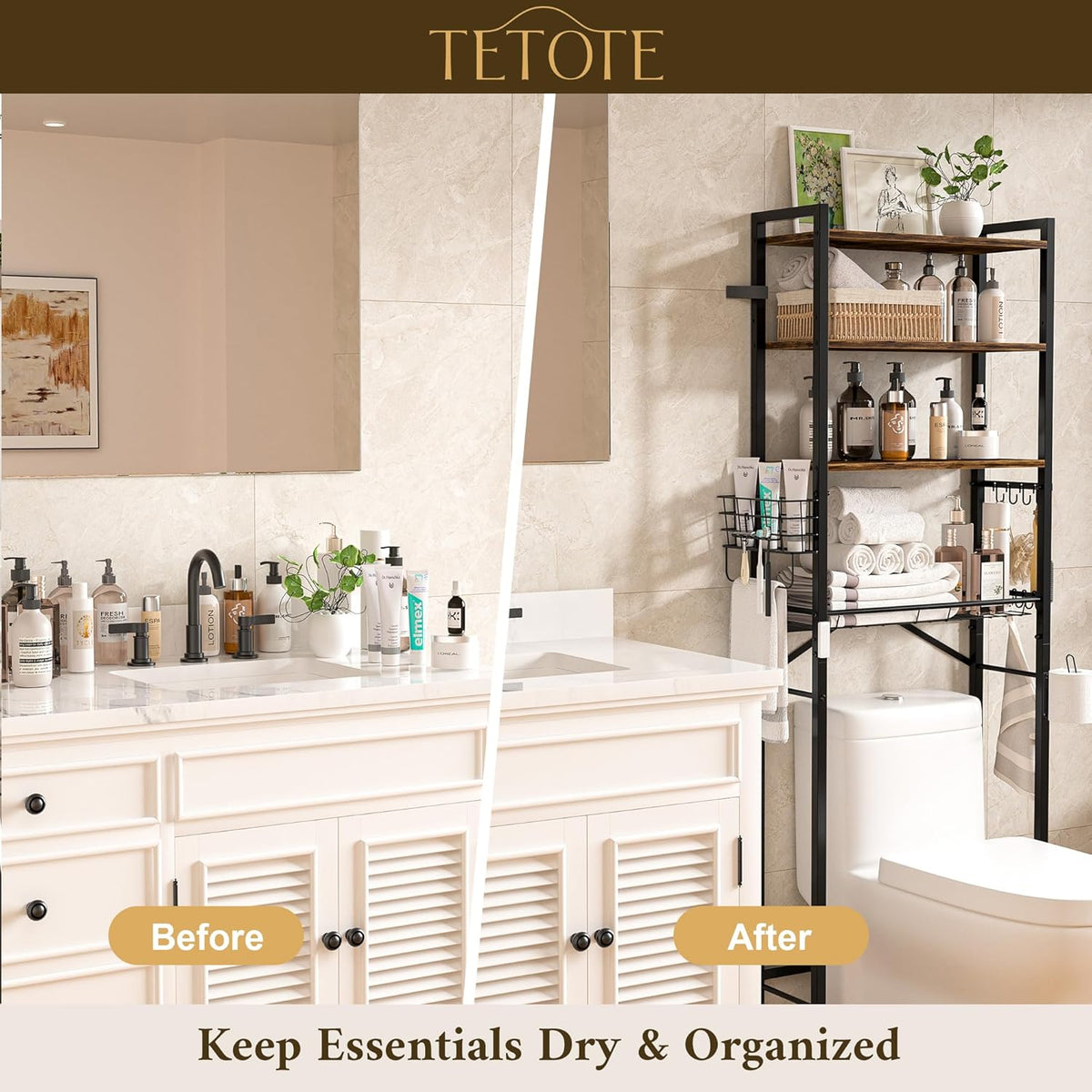 TETOTE Over Toilet Bathroom Organizer, 4-Tier Bathroom Over The Toilet Storage with Adjustable Shelf and Basket, Freestanding Space Saver Bathroom Shelves Above Toilet for Room(Black)