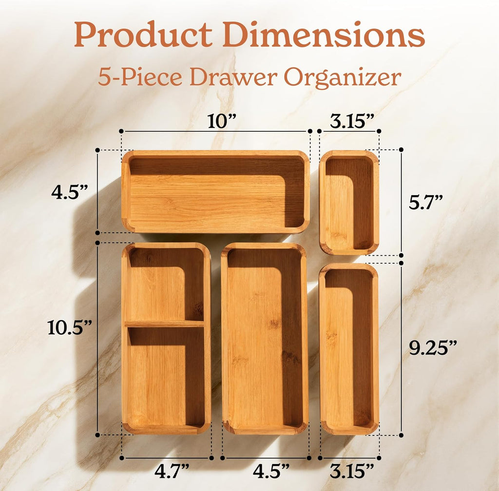 SMIRLY 5-Piece Bamboo Kitchen Drawer Organizer Set for Large and Small Utensils, Multi-use Storage Box - Bathroom, Nightstand, Jewelry, Cutlery, Knife, Spice, Towel, Junk Drawer Tray