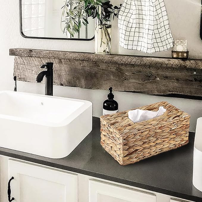 Sumnacon Tissue Box Cover Water Hyacinth Tissue Box Rectangular Tissue Holder Woven Tissue Cover Wicker Tissue Box Holder for Bathroom Toilet Table Desk Home Office Car
