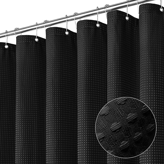 MitoVilla Black Waffle Small Stall Shower Curtain 36 x 72, Half Size Shower Curtain, Farmhouse Fabric Narrow Shower Curtains for Bathroom Decor, 36 inch Weighted Shower Curtain Set