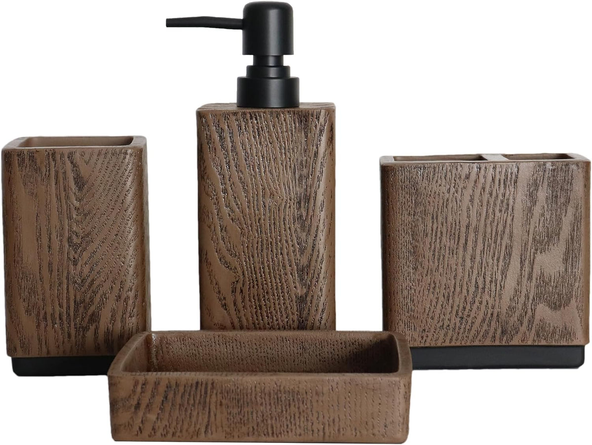 Hymmah Wood Grain Design Bathroom Accessories Set,Farmhouse Bathroom Decor,4 Pcs Resin Gift Set Apartment Necessities, Contain Cotton Swab Jar,Soap Dispenser,Tumbler，Soap Dish/Tray