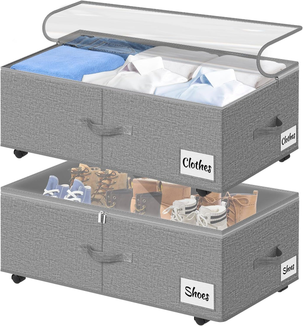 Under Bed Storage with Wheels, 2-Pack 10" Height XXL 60L Rolling Storage Bins, Quick Assembly Underbed Shoe Storage Containers with Clear Lid & Label, Dorm Under bed Drawers for Clothes, Shoes, Grey
