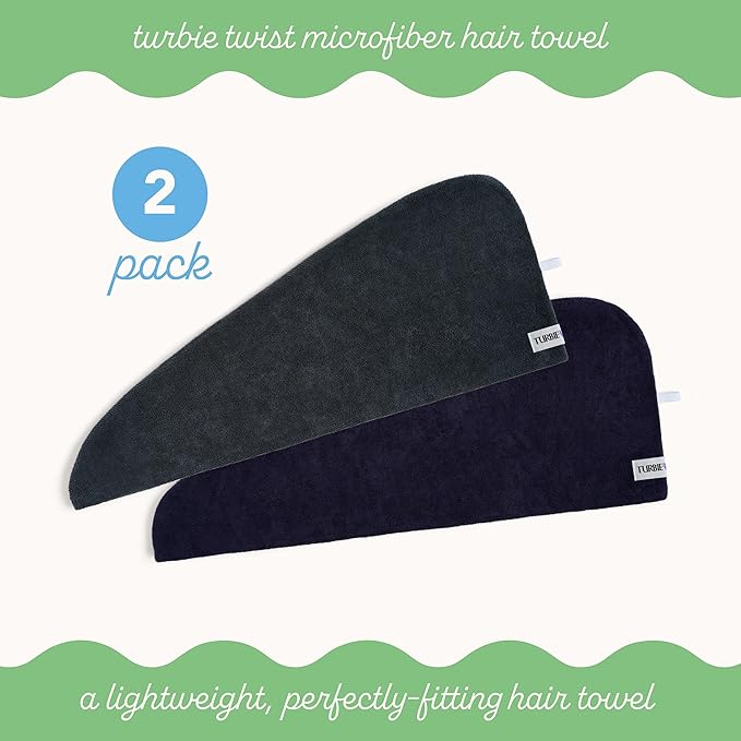 Turbie Twist 2-Pack Microfiber Hair Towel for Beauty, Travel, Gifting - Wrap Turban for Straight, Wavy & Curly Hair - Premium Personal Care- Evening Blue & Dark Shadow