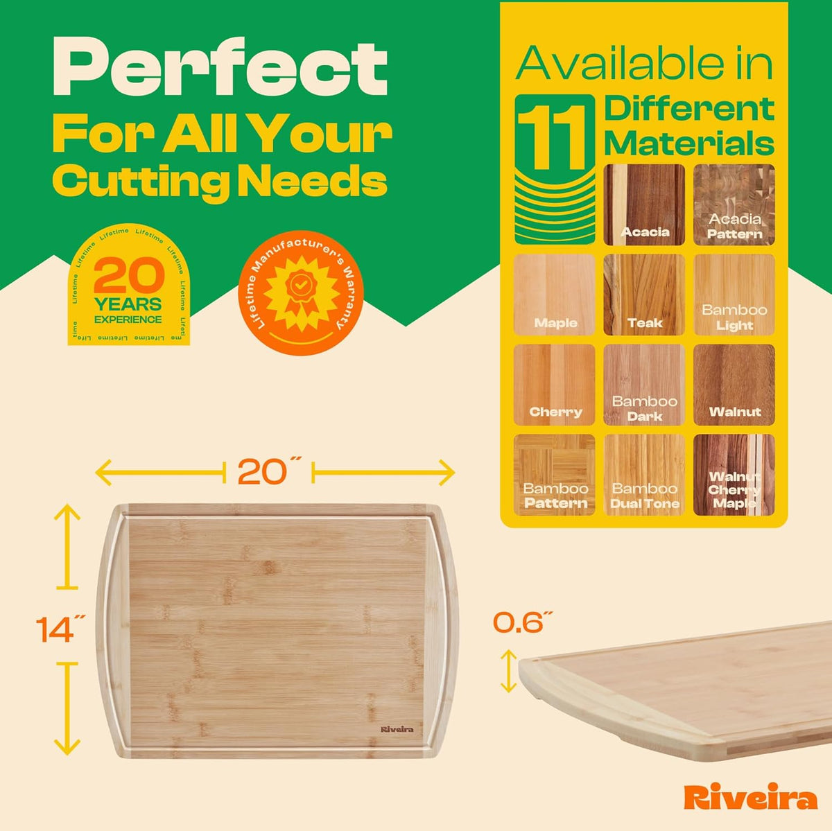 Riveira Two Tone Bamboo Wood Cutting Board – Gourmet Bamboo Grandeur: 20 x 14 Wooden Cutting Board – Wooden Cutting Boards For Kitchen Decorative – Innovative Juice Grooves Wooden Chopping Board