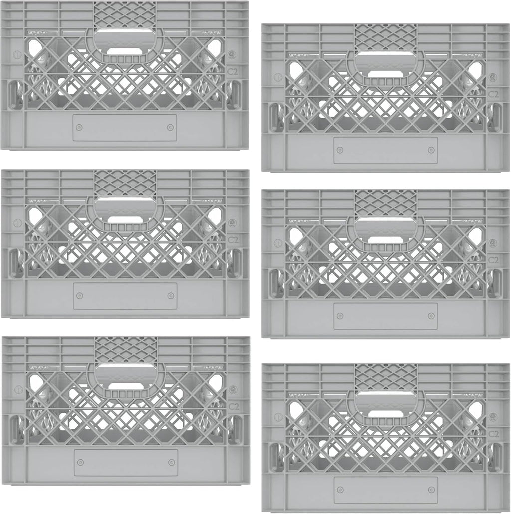Heavy Duty Plastic Storage Milk Crates, Stackable Utility Organizer Bins, 19x11x13 Inches, 6 Pack, Made in USA, 24 Qt/6 Gallon Capacity (Gray)