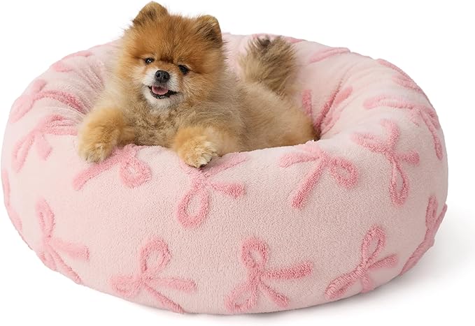 LE SURE Donut Small Dog Bed - Round Cat Beds for Indoor Cats Anti-Anxiety Calming Gift for Pets, Washable Cute Modern Beds with Jacquard Shaggy Plush & Anti Slip Bottom, 23 Inch, Pink Taffy
