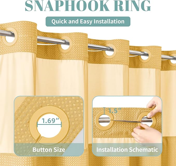 eachope Gold No Hook Waffle Weave Shower Curtain with snap-in Liner Replacement, 230GSM Waterproof Fabric Hotel Shower Curtain Set for Bathroom, Through Mesh Top Window,71Wx77H
