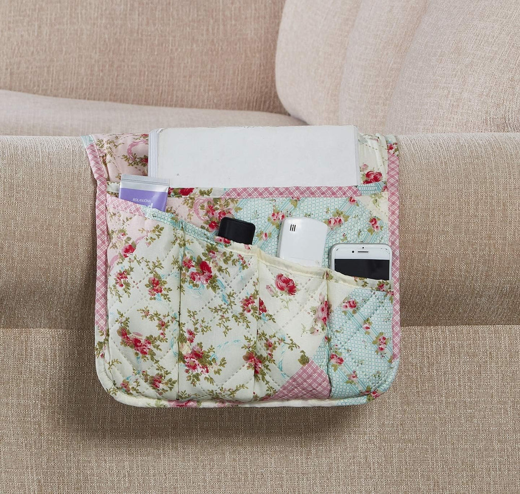 Brilliant Sunshine Pink and Green Rose Patchwork Sofa Armrest 5 Pockets Organizer, Slip Resistant Armchair Caddy, Washable Remote Controls Holder, Storage for Magazine, Tablet, 35×13", Pink Green