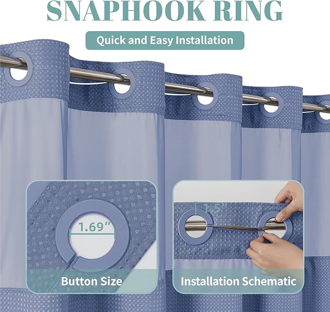 eachope MoonLightBlue No Hook Waffle Weave Shower Curtain with snap-in Liner Replacement, 230GSM Waterproof Fabric Hotel Shower Curtain Set for Bathroom, Through Mesh Top Window,71Wx74H