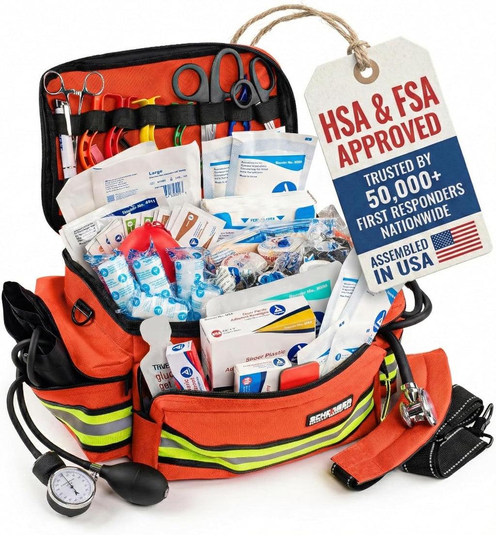 Scherber First Responder Fully-Stocked Professional Essentials EMT/EMS Trauma Kit | HSA/FSA Approved | Reflective Bag w/8 Zippered Pockets & Compartments & 200+ First Aid Supplies - Orange