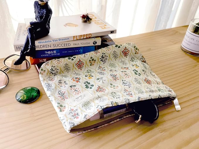 HAPPYHEIDI Large Floral Cotton Makeup Bag Cosmetic Travel Pouch, Make Up Purse Organizer, Canvas Lined Cute Grid Flower Show