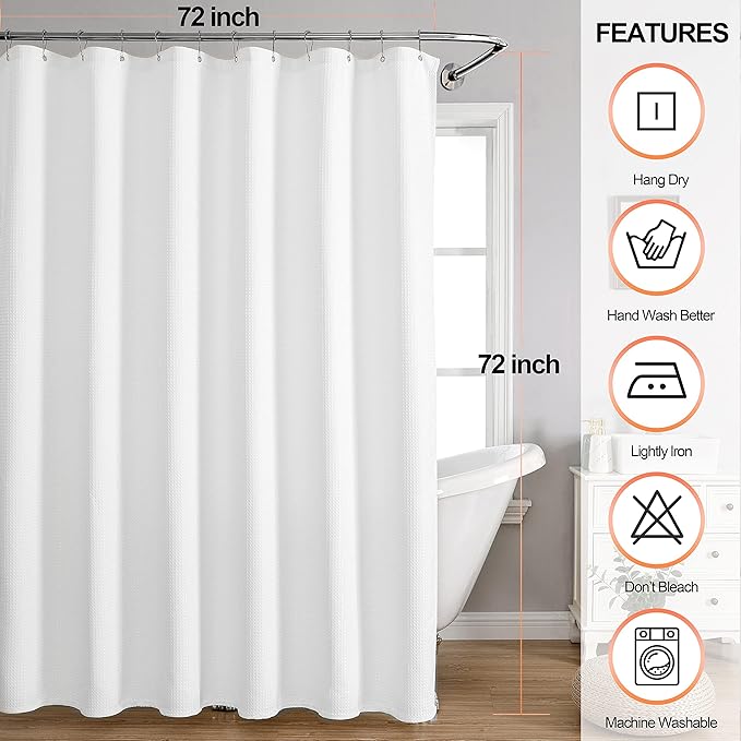 MISS SELECTEX Matt Waffle White Shower Curtain for Bathroom, Waterproof 230 GSM Heavy Duty Durable Fabric Hotel Shower Curtain,Machine Washable Thick Cloth Shower Curtains(60Wx72H, White)