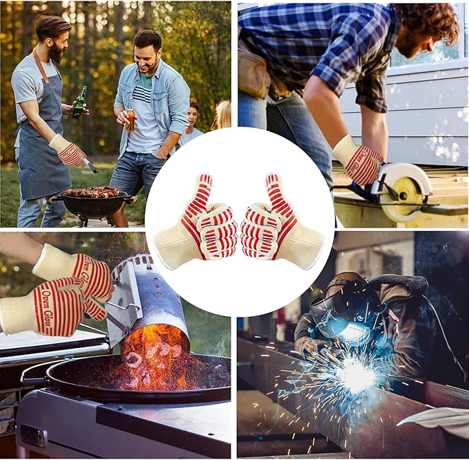 Oven Gloves, Heat Resistant 540 Degrees Grilling Gloves, Hot Surface Handler Non-Slip Silicone Oven Mitts with Fingers, BBQ Gloves for Cooking/Kitchen/Baking, Pack of 2