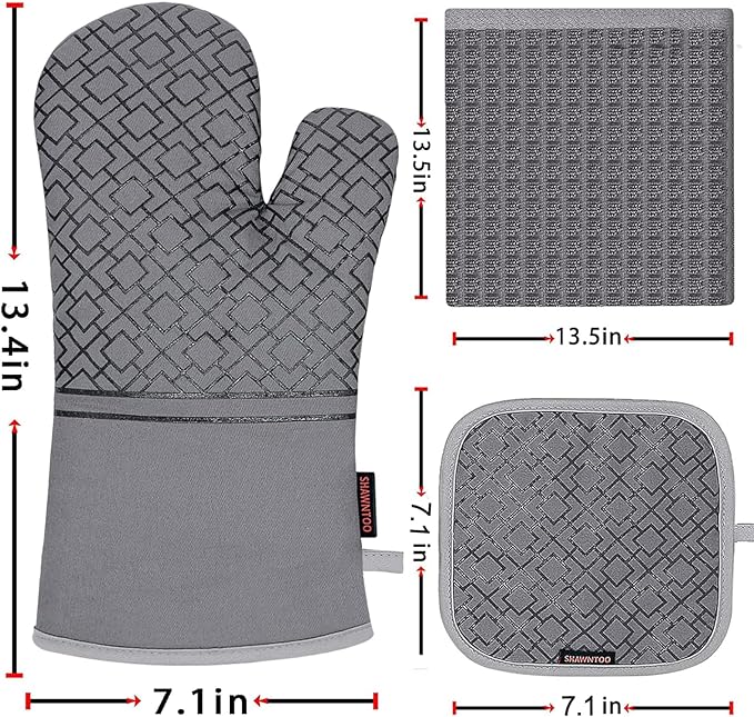 Oven Mitts and Pot Holders Sets 6pcs, Kitchen Oven Glove,High Heat Resistant 550 Degree Extra Long Oven Mitts and Potholders with Non-Slip Silicone Surface for Home Essentials (Grey) (Gray)
