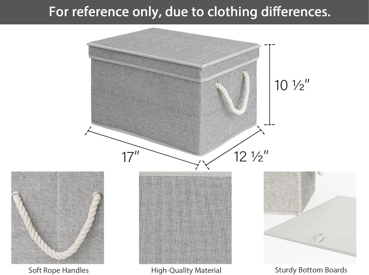StorageWorks Storage Bins with Lids, Decorative Storage Boxes with Lid and Soft Rope Handles, Foldable Storage Baskets for Closet, Shelves, Stackable, 3-Pack, Gray, Jumbo