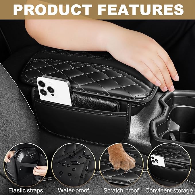 Center Console Cover Fit for Pilot: Scratch and Wear Resistant Console Cover Leather with 2 Storage Bags -Upgraded Armrest Coverfor Car,Anti-Scratch Auto Armrest Pad Accessory （Black