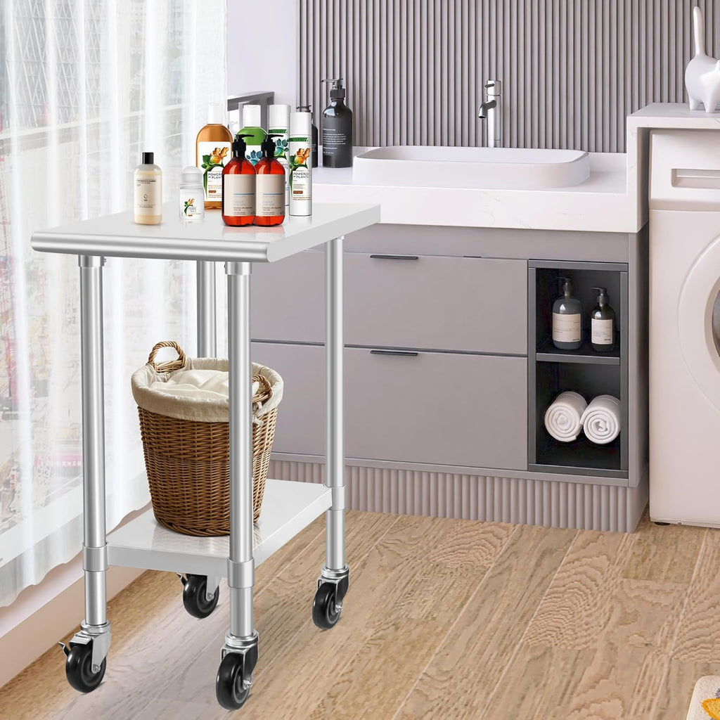 HARDURA Stainless Steel Commercial Table Prep & Work Table with Casters Heavy Duty Metal Table with Wheels NSF 430 30×18 Inches