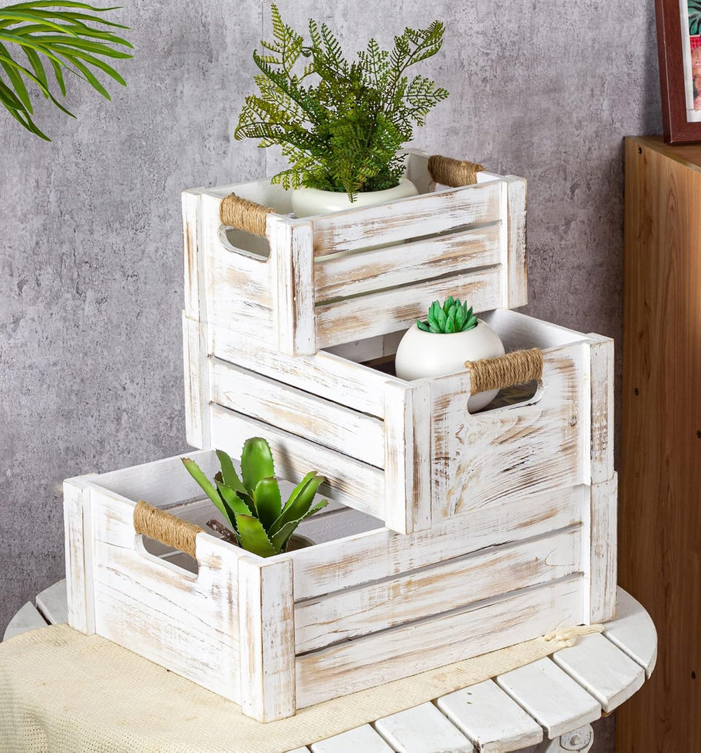 TIMRIS Set of 3 Rustic Wood Nesting Crates, Farmhouse Wooden Storage Container Boxes with Cutout Handles, Decorative Wooden Baskets for Display (Whitewash)