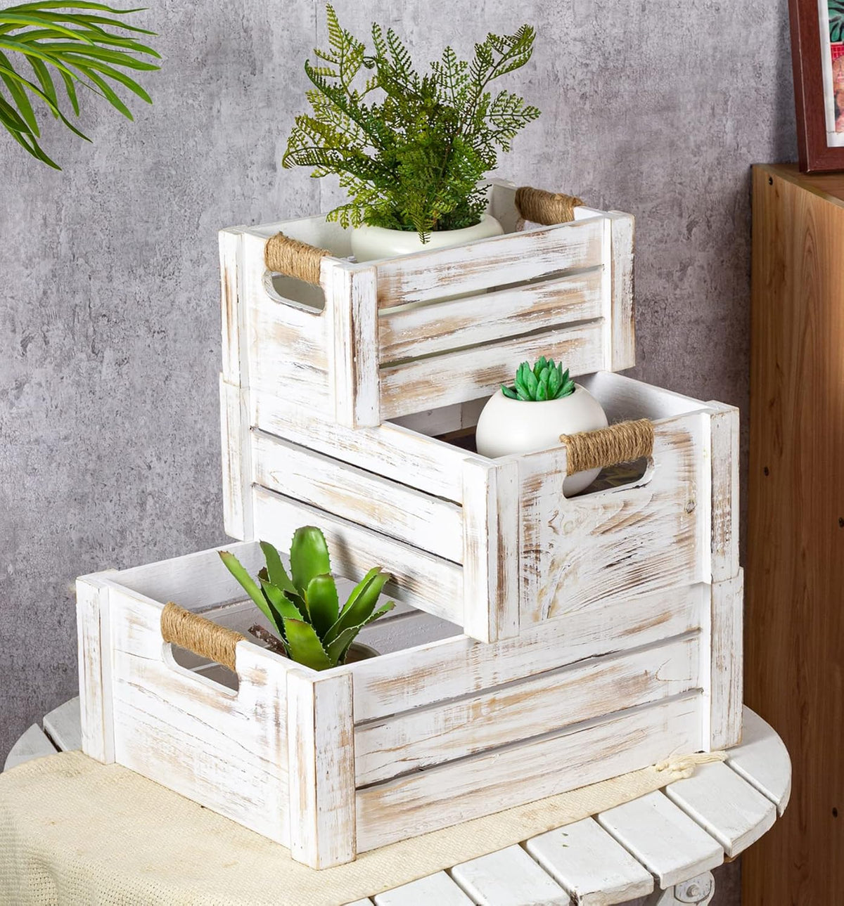TIMRIS Set of 3 Rustic Wood Nesting Crates, Farmhouse Wooden Storage Container Boxes with Cutout Handles, Decorative Wooden Baskets for Display (Whitewash)