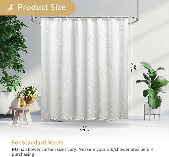 Lameirose Extra Long White Shower Curtain Boho, 72 x 84 Cotton Blend Waffle Weave Stripe Textured Heavy Duty, Fabric Shower Curtain for Bathroom, Hotel, Washable