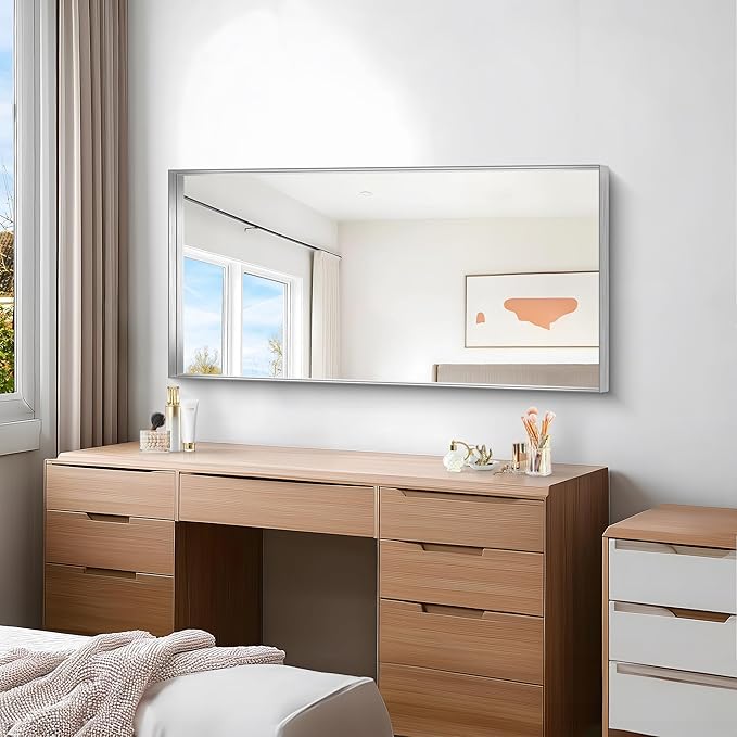 Silver Bathroom Mirror, 24x48 Inch Rectangular Framed Mirror, Large Wall