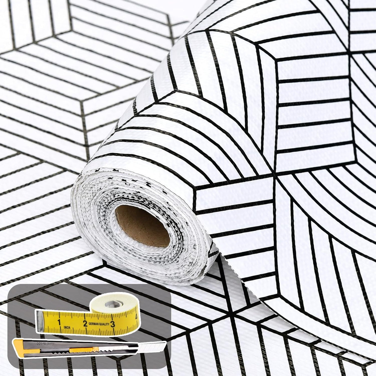 Shelf Liners for Kitchen Cabinets 12in x 20FT, Non Adhesive Cabinet Liner Strong Non-Slip Thickened Black White Geometric Drawer Liner, Easy to Clean for Shelf, Cabinet with Knife and Tape Measure