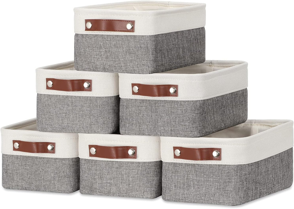 DULLEMELO Small Storage Baskets 6 Pack, Fabric Collapsible Gift Storage Baskets for Shelves, Closets, Nursery, Home, Office Organizing,Small Canvas Linen Rectangular Storage Bins (6-Pack, White&Grey)