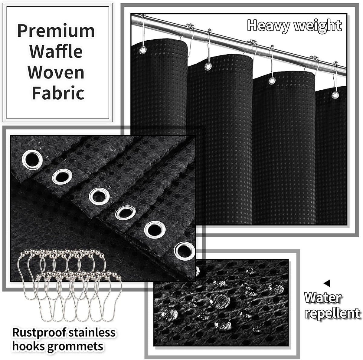 Bathroom Set with Shower Curtain and Rugs- 25PC Bathroom Accessory Set, Black Shower Curtain Set, Toilet Brush, Trash Can, Qtip Holder Dispenser & Soap Dispenser