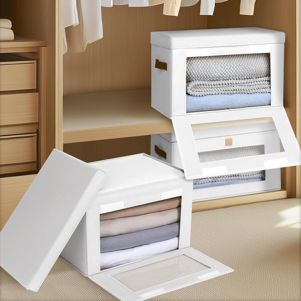 Large Clothing Storage Bins - Collapsible Boxes with Handles & Window, Decorative Organizer Bins with Lids, Fabric Containers for Living Room, Dorm, 2 Pack, White