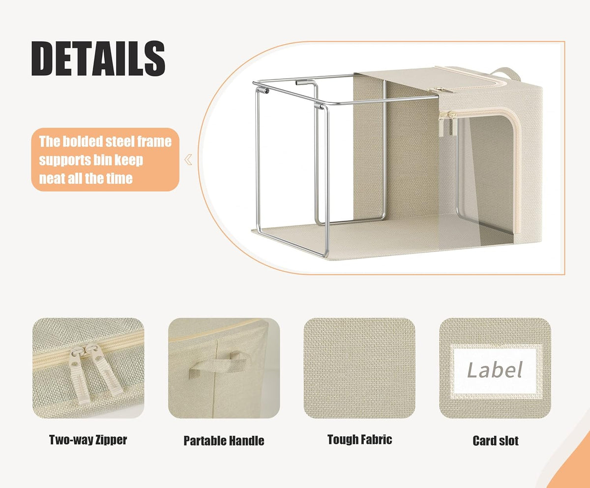 3 Openings Clothes Storage Bins with Metal Frame, Foldable Storage Bin for Clothes, Clothing Storage Bins with Lid, Linen Storage Box With Clear Window＆ Zippers＆ Durable Handles.(3 Pcs,Beige,40L)