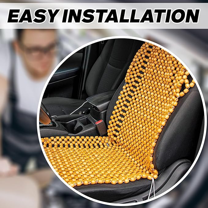 ZONETECH Beaded Car Seat Cover, Cooling Wood Bead Seat Cover, Breathable Semi Truck Seat Covers Massaging, Anti-Sweat and Back Support Features, Double Strung Universal Fit Natural Color