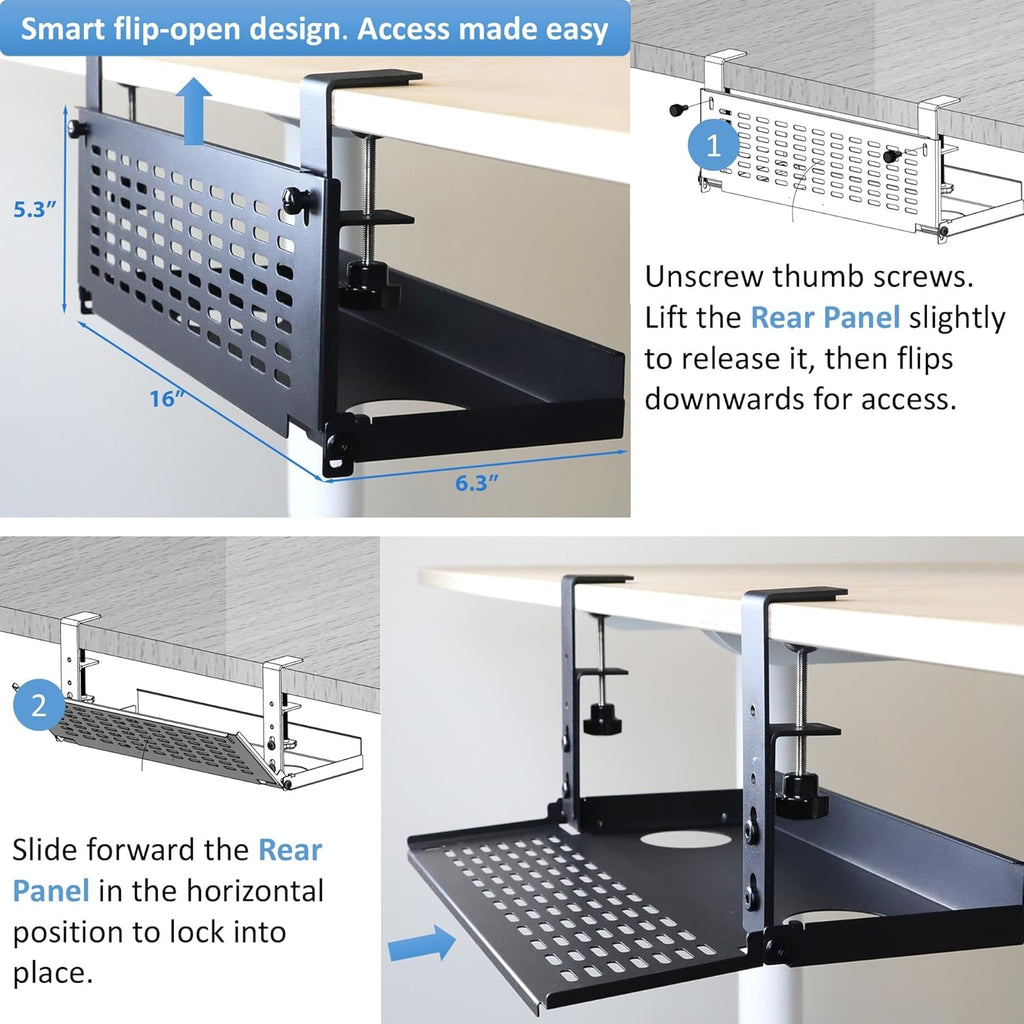 AEONS Universal Under Desk Cable Management Tray-Clamp Mount Hinged Swing Modesty Panel Organizer for Office Desks, Easy Access Flip-Down Position Power Strip Cord Storage No-Drill, 25 lb Capacity